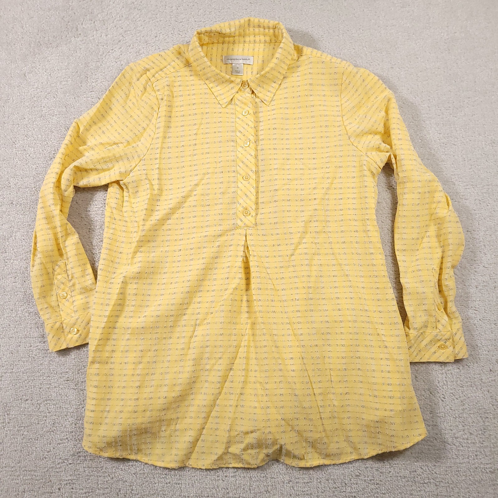 Christopher & Banks Henley Collared Shirt Women’s Medium Yellow Blouse Pockets