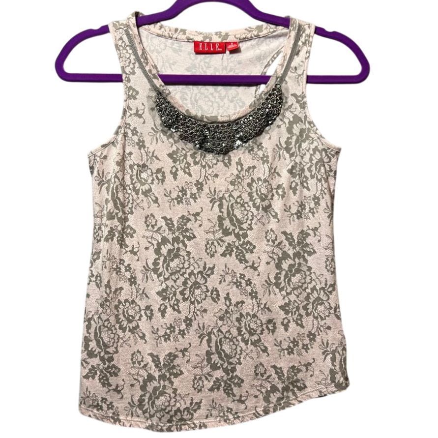 ELLE Floral Tank Top with Beaded Necklace Detail Gray Pink Size S