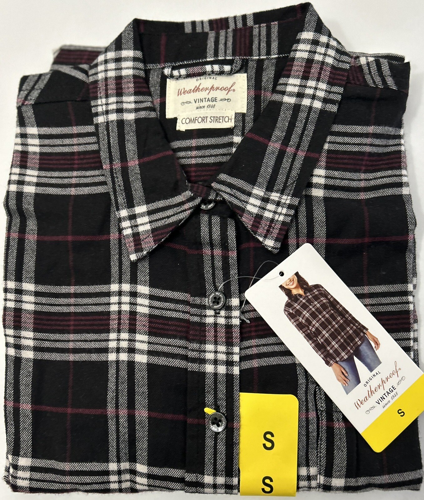 Weatherproof Vintage Women’s Flannel Shirt. Black, Small, Button-Down, Stretch.