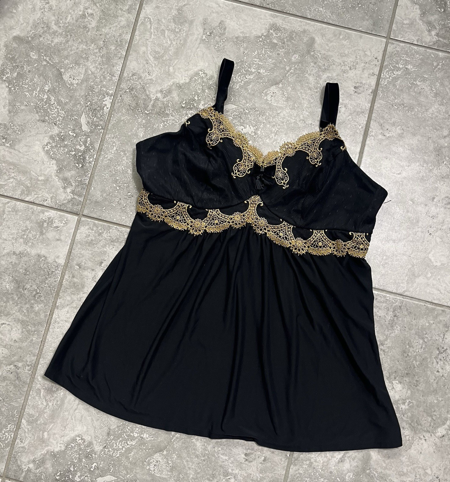 Soma Decadence Jersey Knit Sleep Cami Black Gold Lace Metallic Tank Top Bow XL
