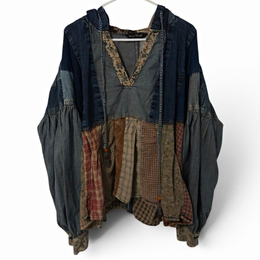 Young Threads Women’s Blue/Multicolor Patchwork Denim Hoodie Pullover V-Neck XL