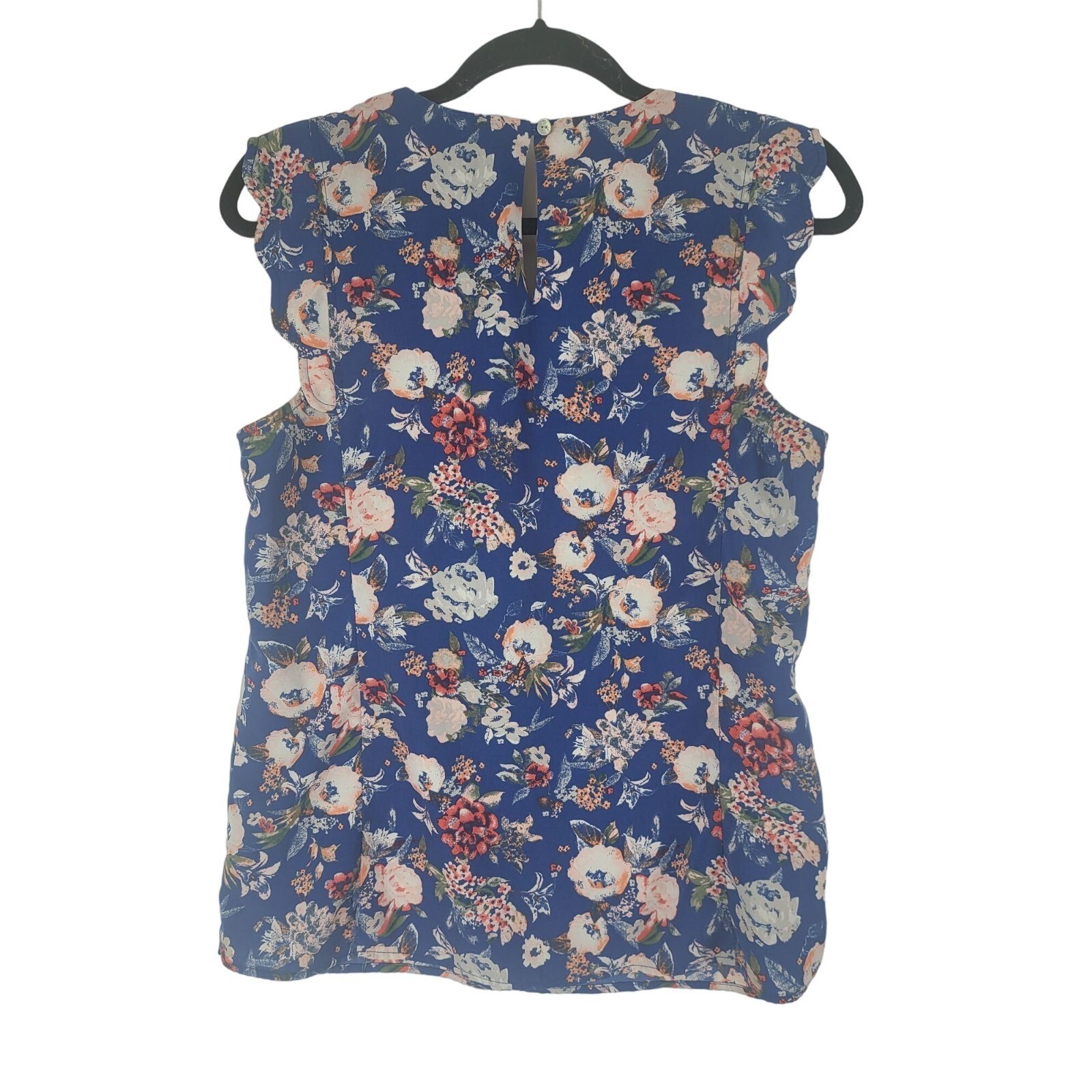 41 Hawthorne Scalloped Cap Sleeve Blouse M Womens Blue Floral V Neck Key Hole