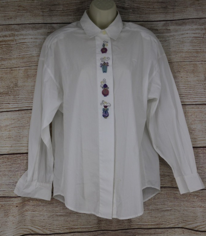 VINTAGE Womens Size Large 12 Button Up Blouse Shirt White Embroidered