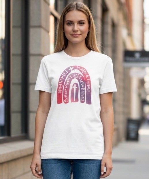 Christian Rainbow Cross Graphic T Shirt Womens Small White Faith Inspirational