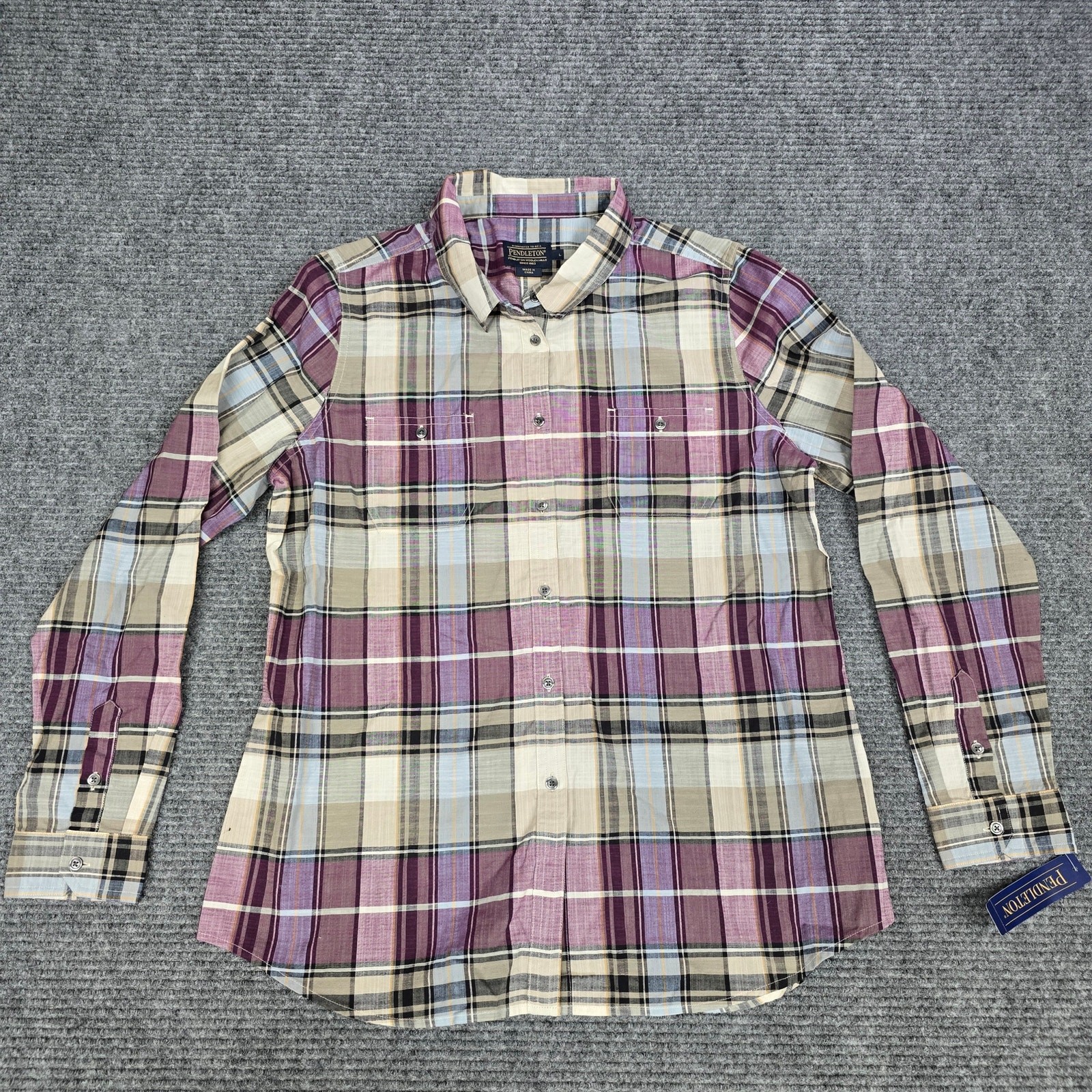 Pendleton Women’s Plaid Button Down Shirt Large Burgundy Beige Blue Cotton NWT