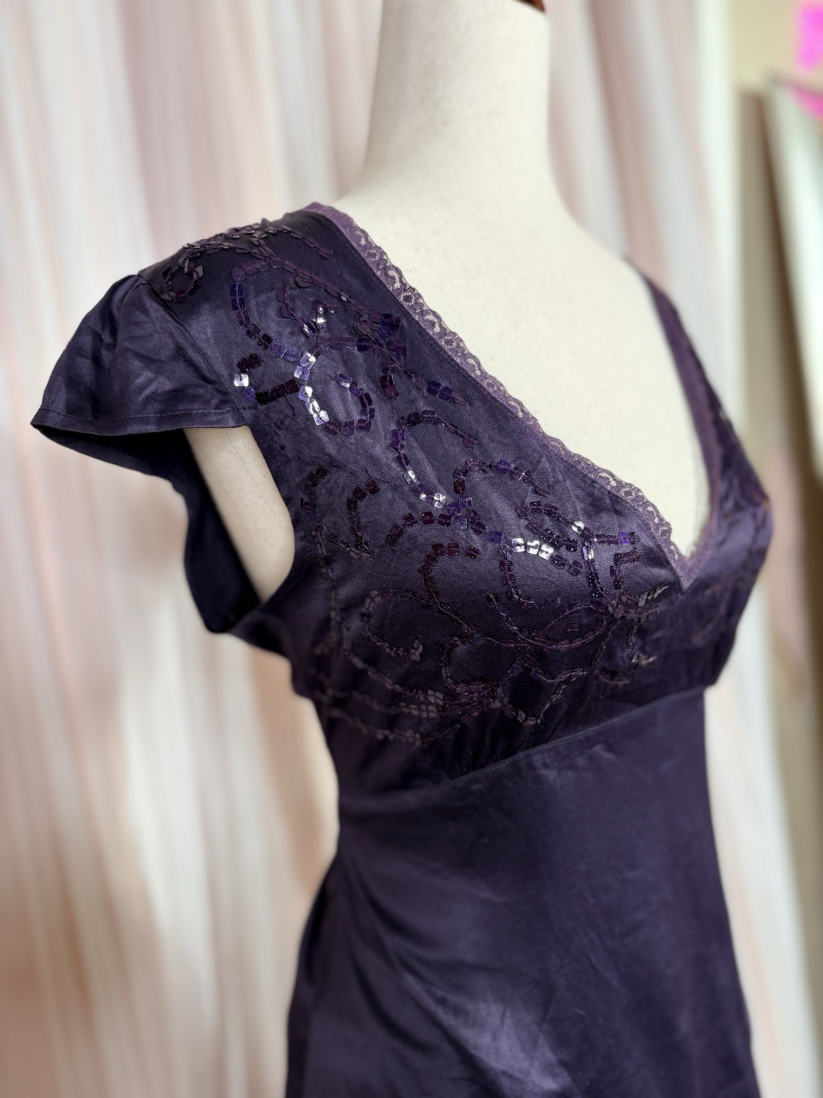 Vero Moda Purple Satin Sequin Lace Top Medium Y2K Deep V Neck Whimsigoth