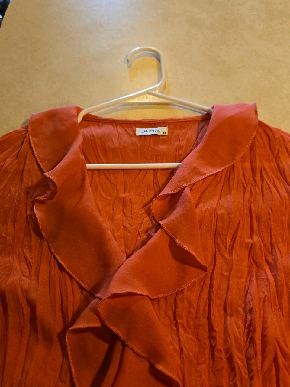 Jaipur Orange Textured Ruffle Sheer Blouse Medium Button Up Flared Sleeve