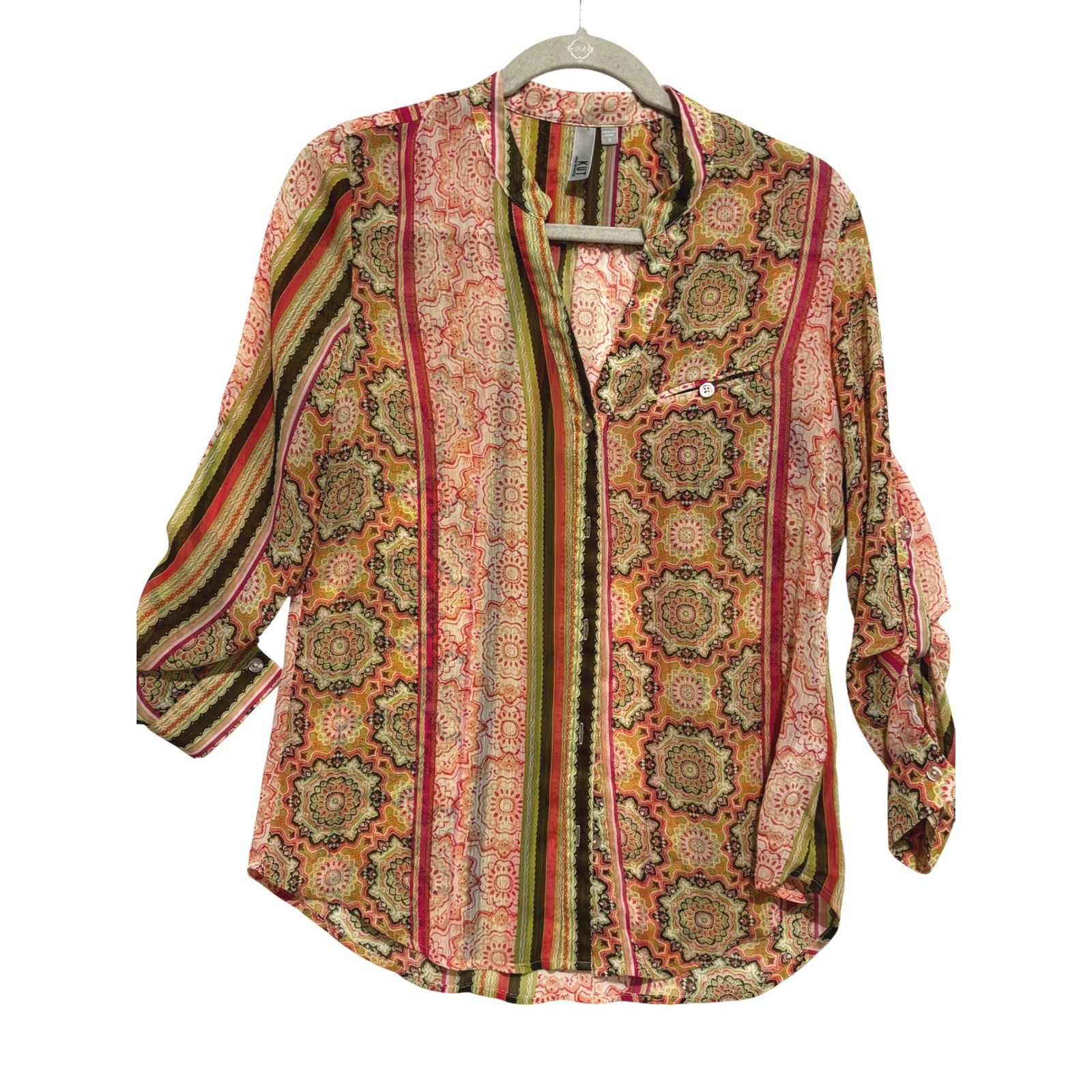 KUT Womens Paisley Stripe Sz S Roll Tab Blouse Sheer Maximalism Resort Wear Boho