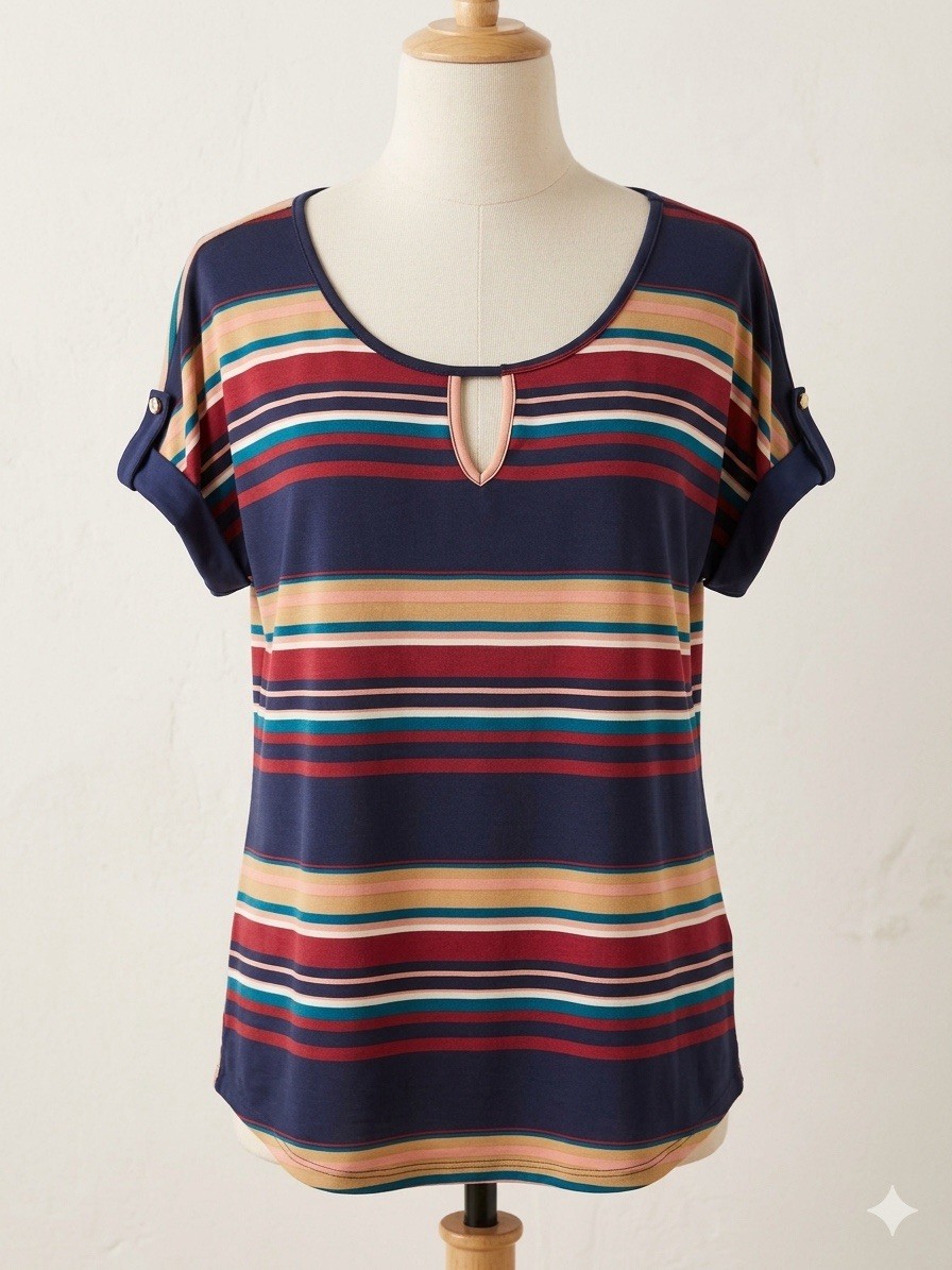ANTHROPOLOGIE NAIF Top XL Blue Red Tan Stripe Cuff Keyhole Short Sleeve Blouse