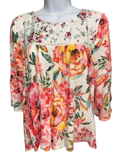 Figueroa Flower PM Top BOHO Pink Floral Rayon Crochet Bell Sleeves Petite Medium