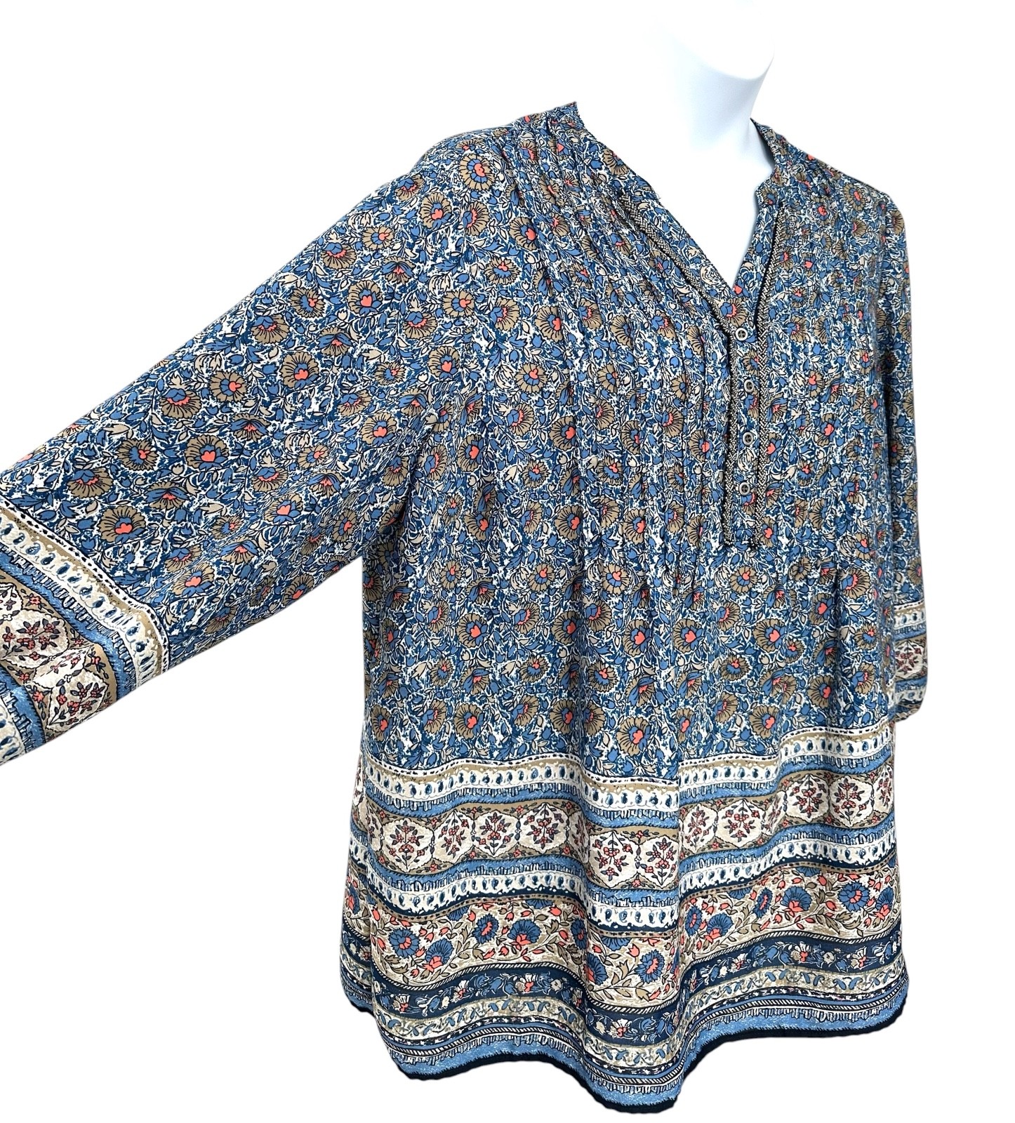 Westport 1962 Peasant Tunic Top Blue Floral Beaded V-Neck 3/4 Sleeves Women’s 3X