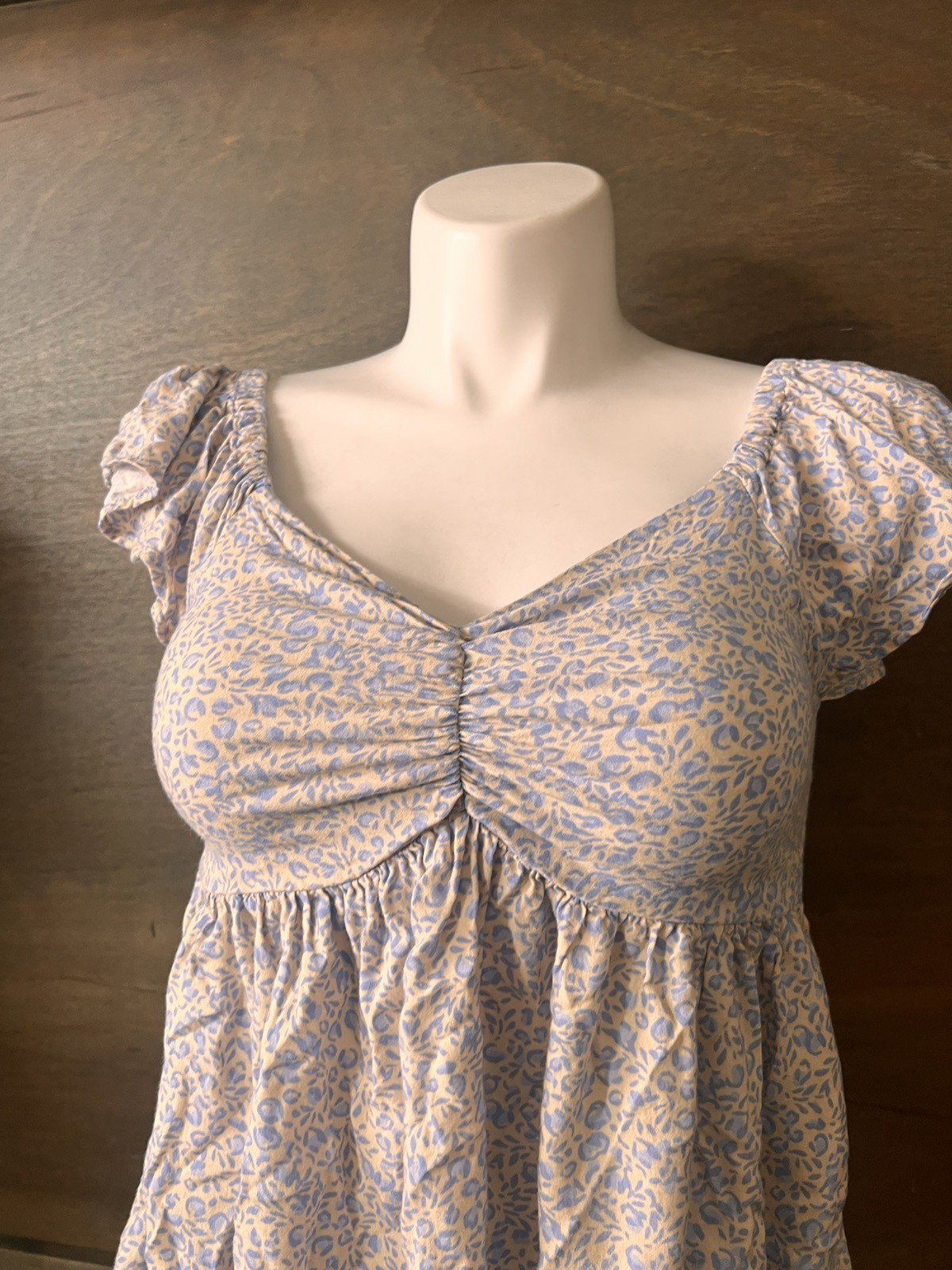 Japna BLUE Floral Ruched Crop Top RUFFLE Sleeve Smocked Romantic Womens Size M