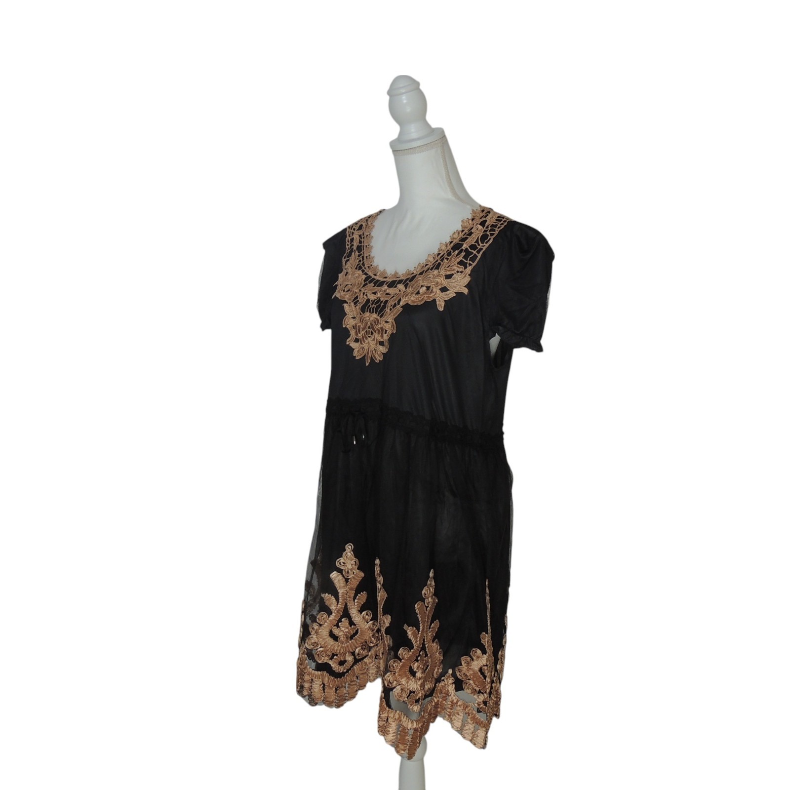 Pretty Angel Black W Brown Silk Blend Embroidered Tunic Blouse BR BK S