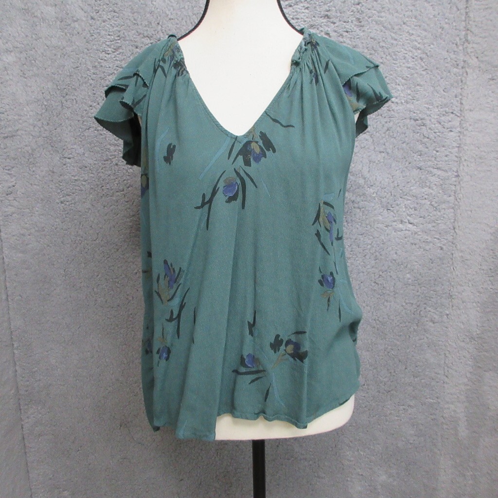 Goblincore Blouse Womens L Green Floral Ruffle Sleeve Boho Chic Flowy Romantic