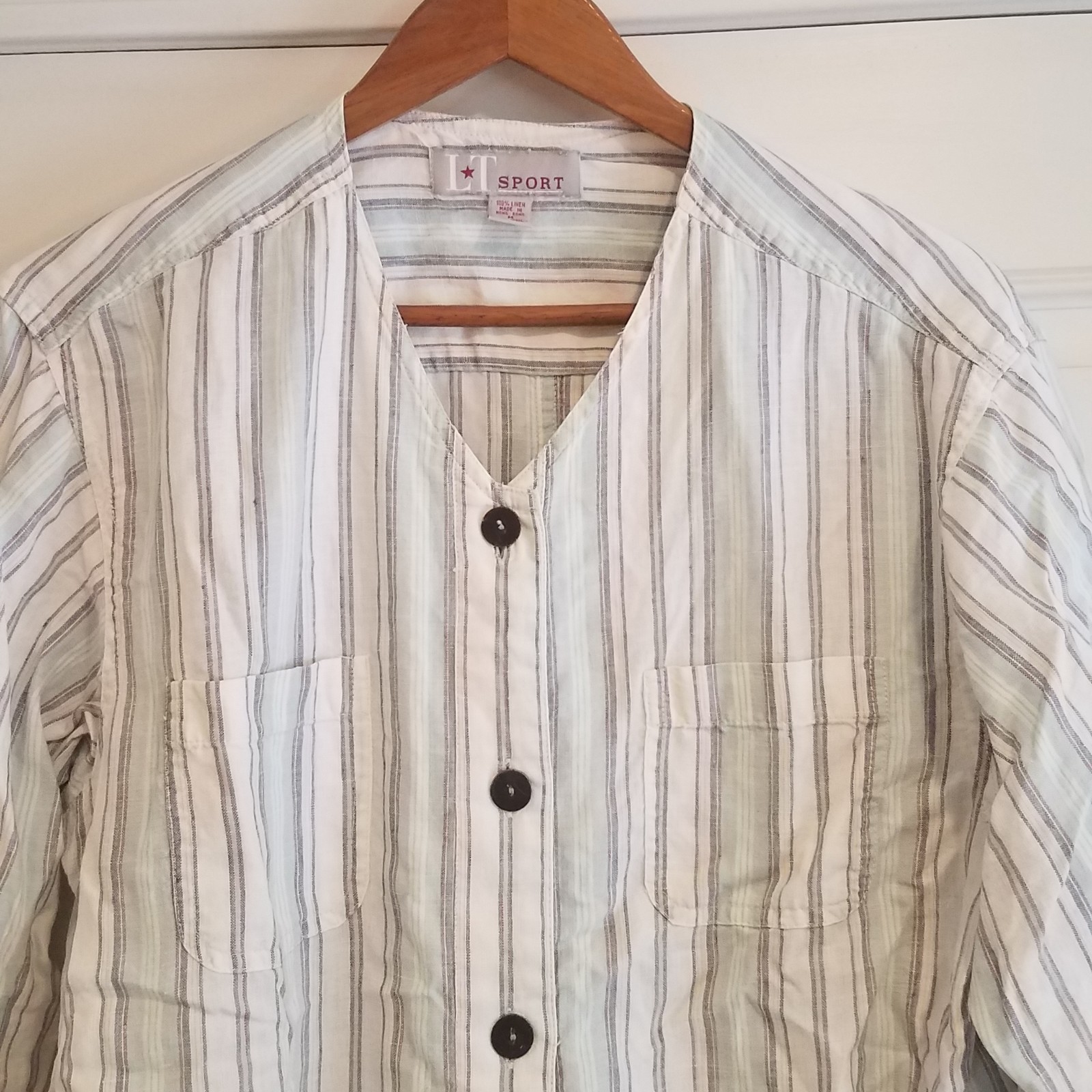 Linen Striped Shirt Button Up Long Sleeve Collarless Womens Medium Vtg S-23