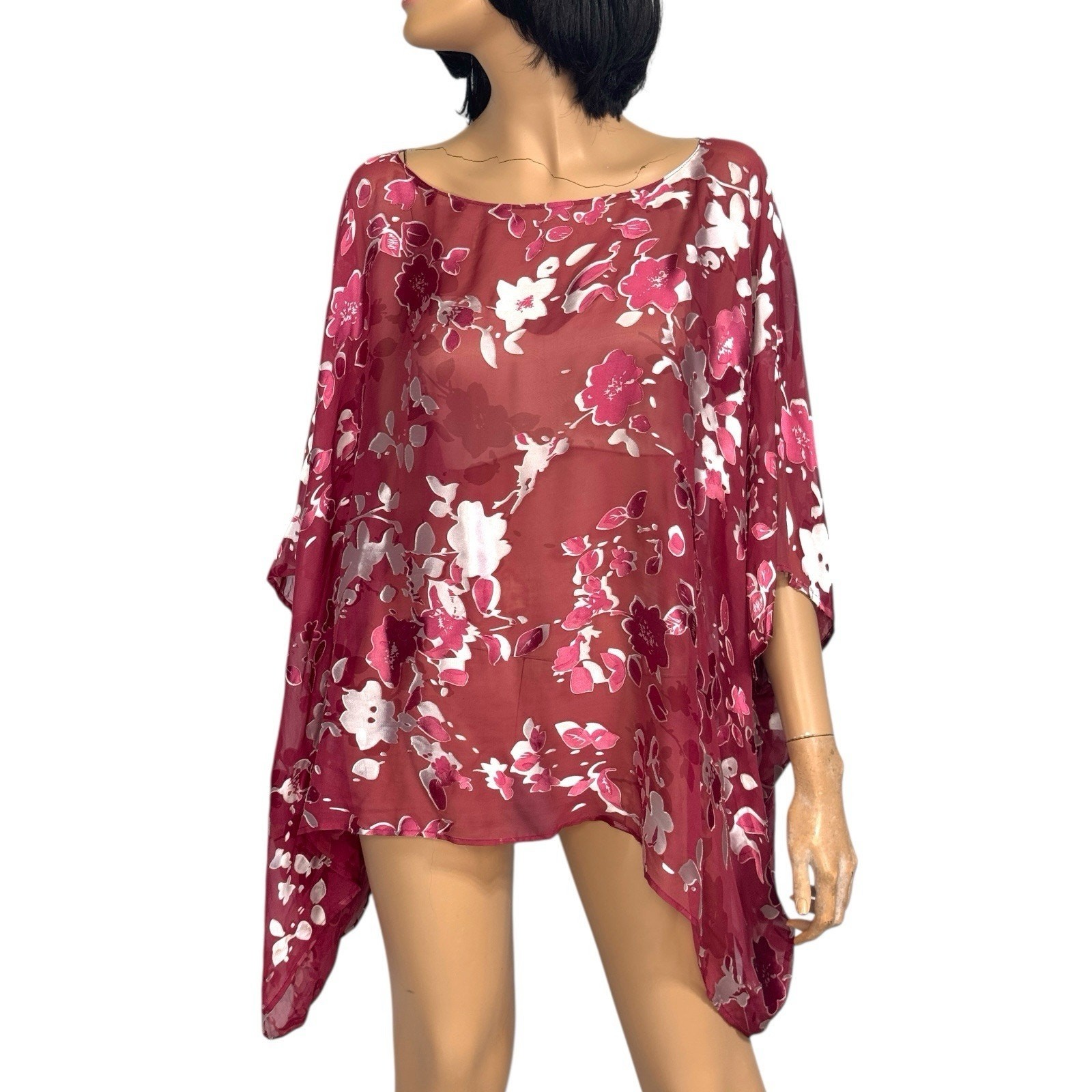 Cherry Red Floral Silk Blend Kimono Sleeve Top L Glam Feminine