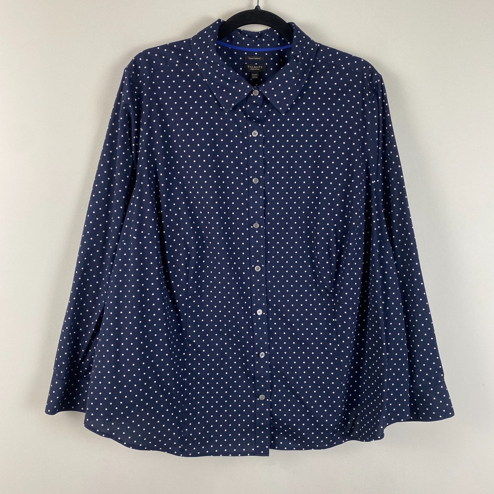 Talbots Wrinkle Resistant Button Up Shirt Size 22WP Navy White Polka Dot Stretch