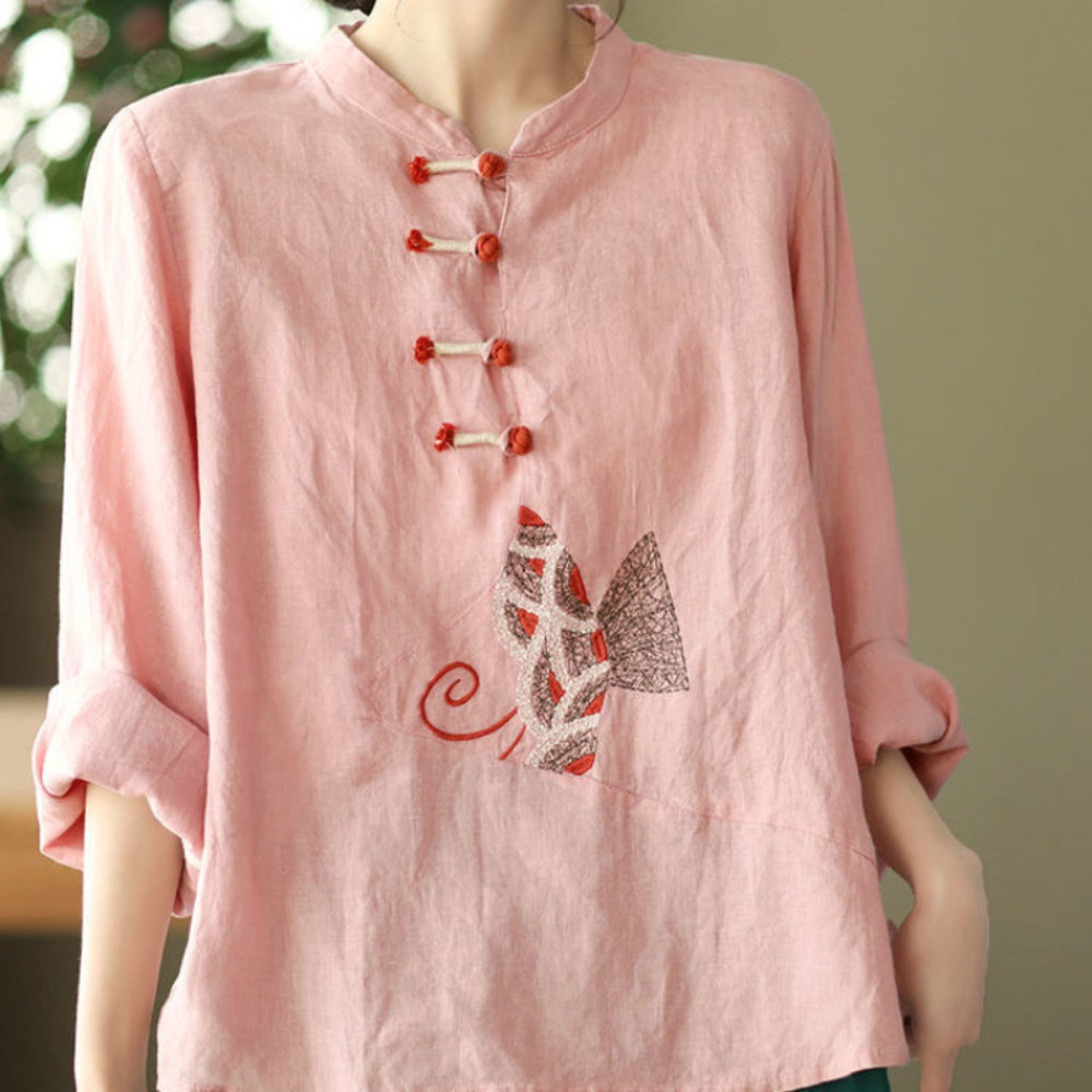 Ethnic Women Embroidery Cotton Linen T-shirts Casual Tops Blouse Retro Chinese