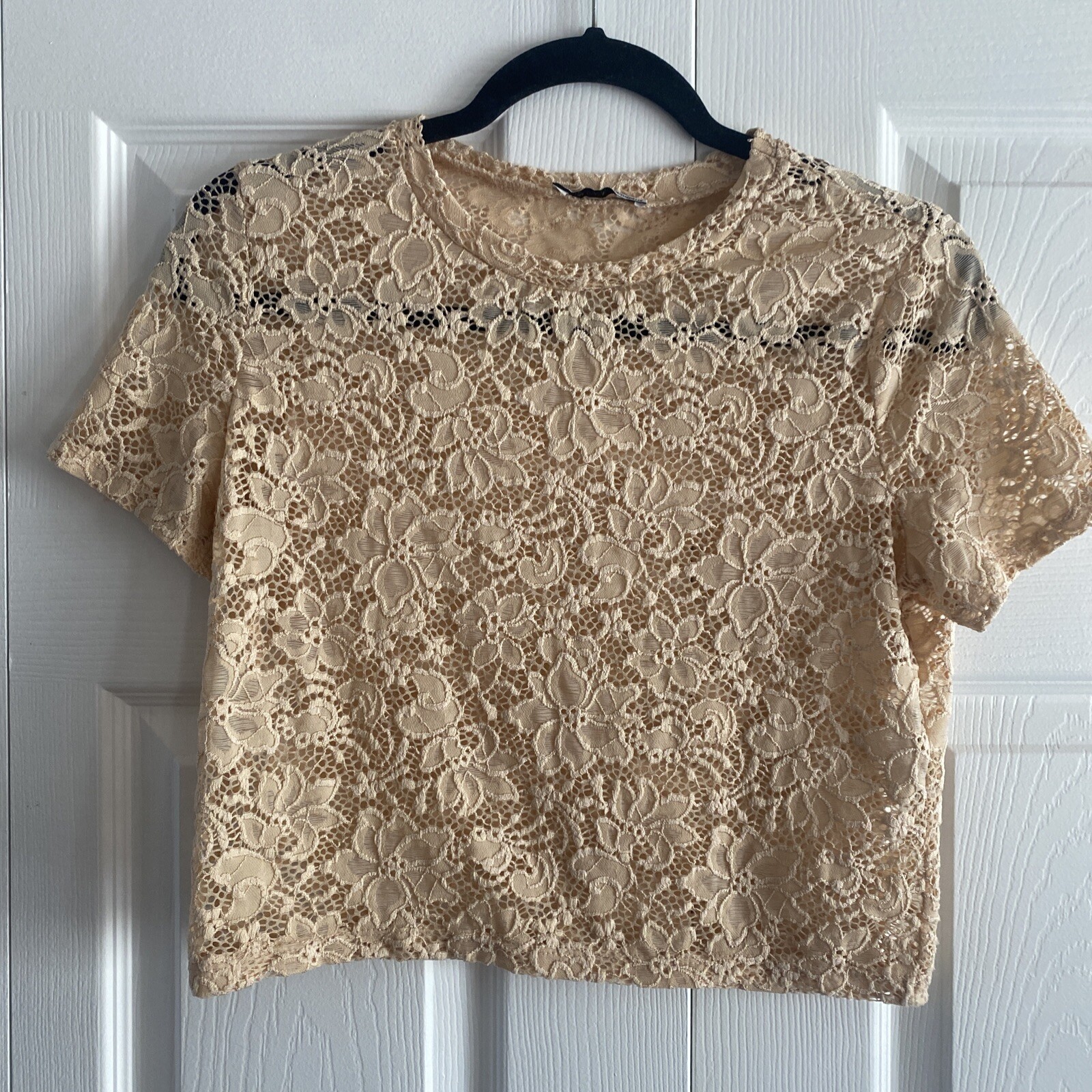 Zara Trafaluc Floral Lace Crop Top Womens Size S Beige Short Sleeve Sheer Boho