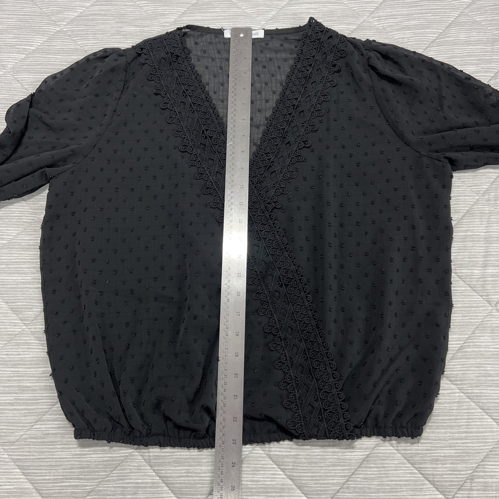 Miss Sparkling Top Shirt Womens Large Black Lace Back Sheer V-Neck Textured
