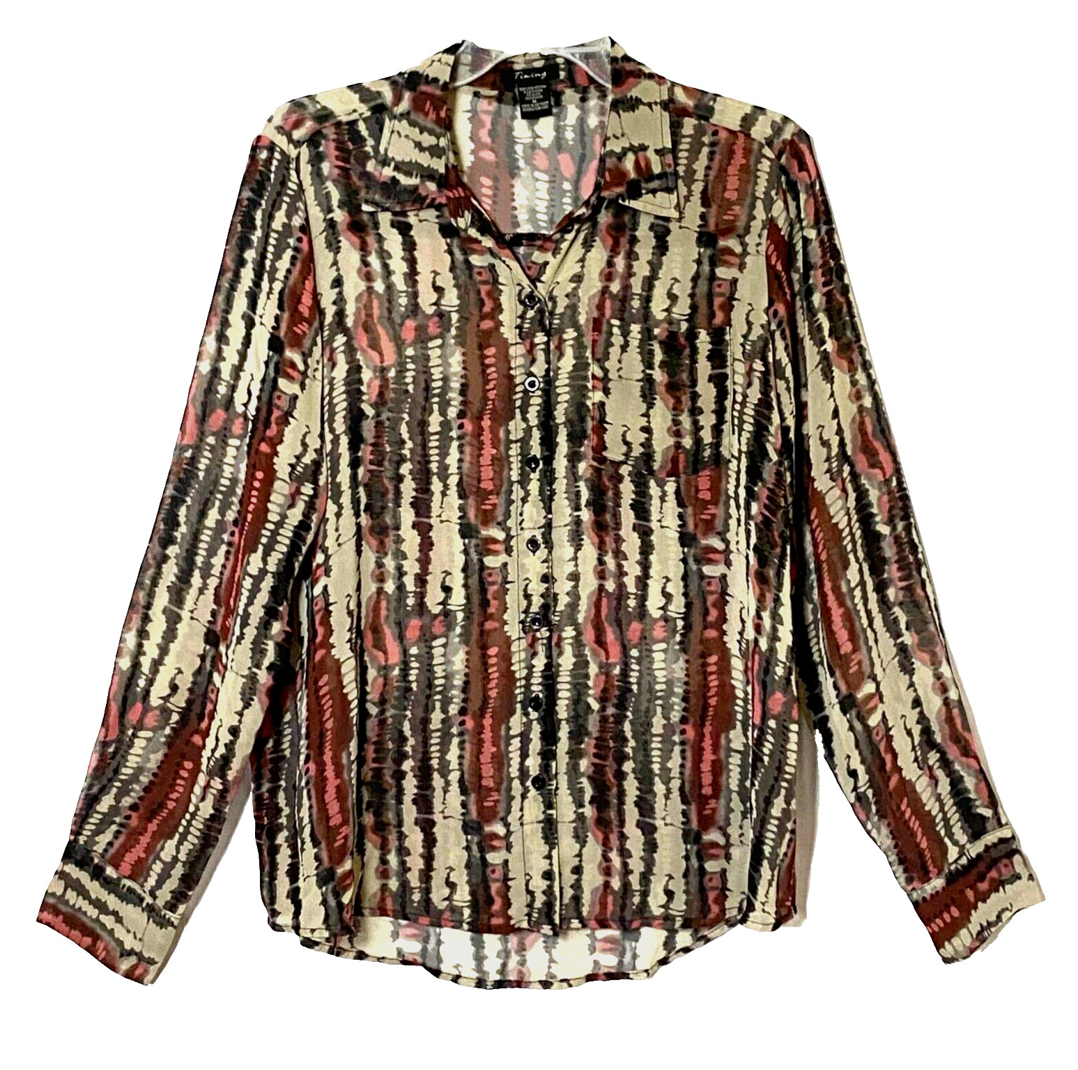 Timing Semi Sheer Watercolor Button Down Blouse Oversized M Multicolor Pocket