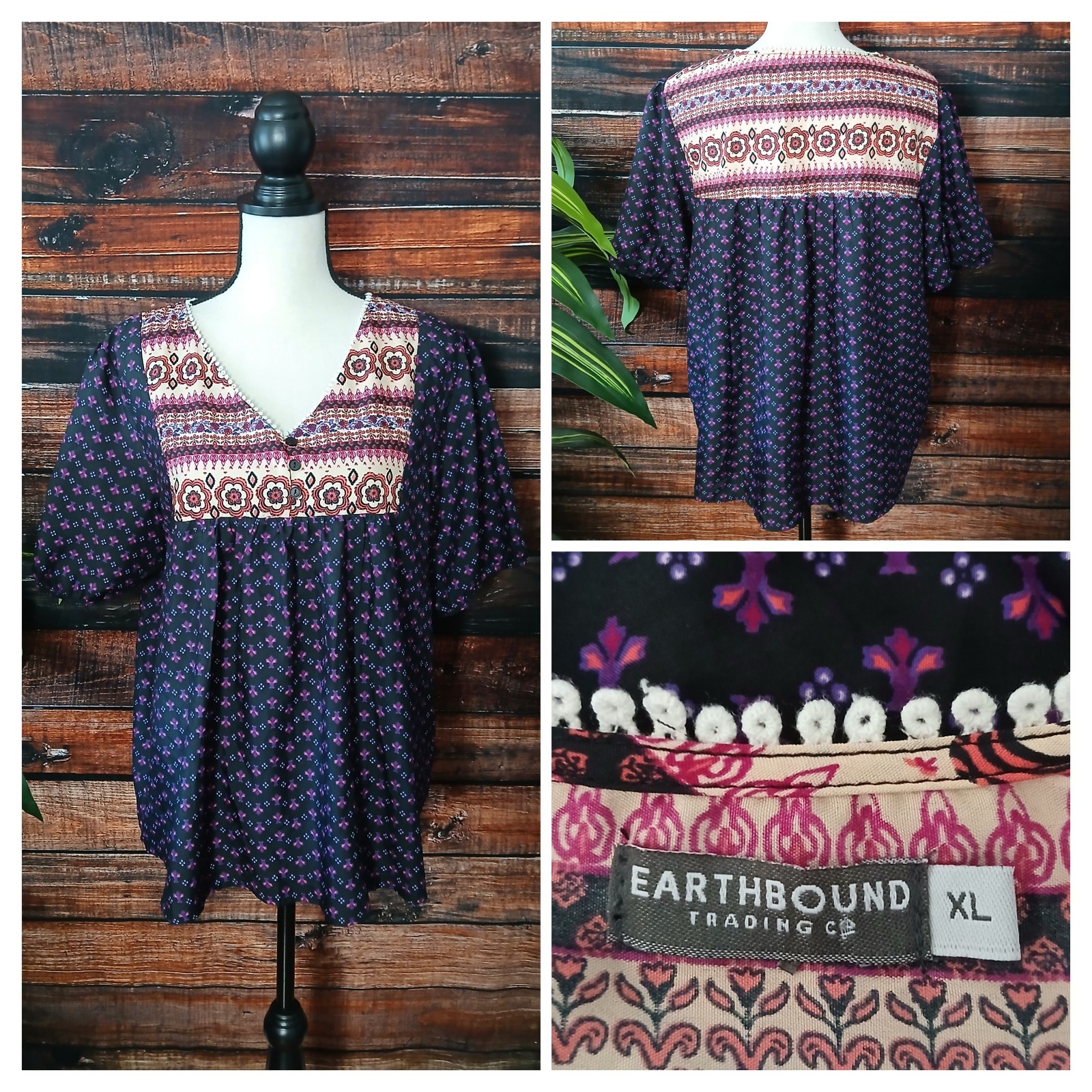 Earthbound Trading Co Blouse XL Boho Flowy V-Neck Top Short Sleeve Purple Hippie