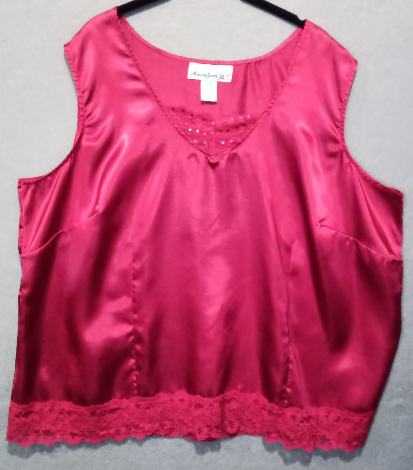 Vtg Denim 24/7 Tank Top Red Satin Sz 24W Crochet Trim Classic Boho Retro 90’s