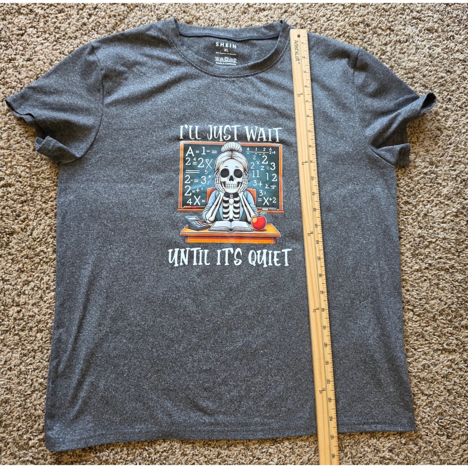 SHEIN XL Dark Heather Grey Skeleton Teacher Graphic T-Shirt I’ll Just Wait Quiet