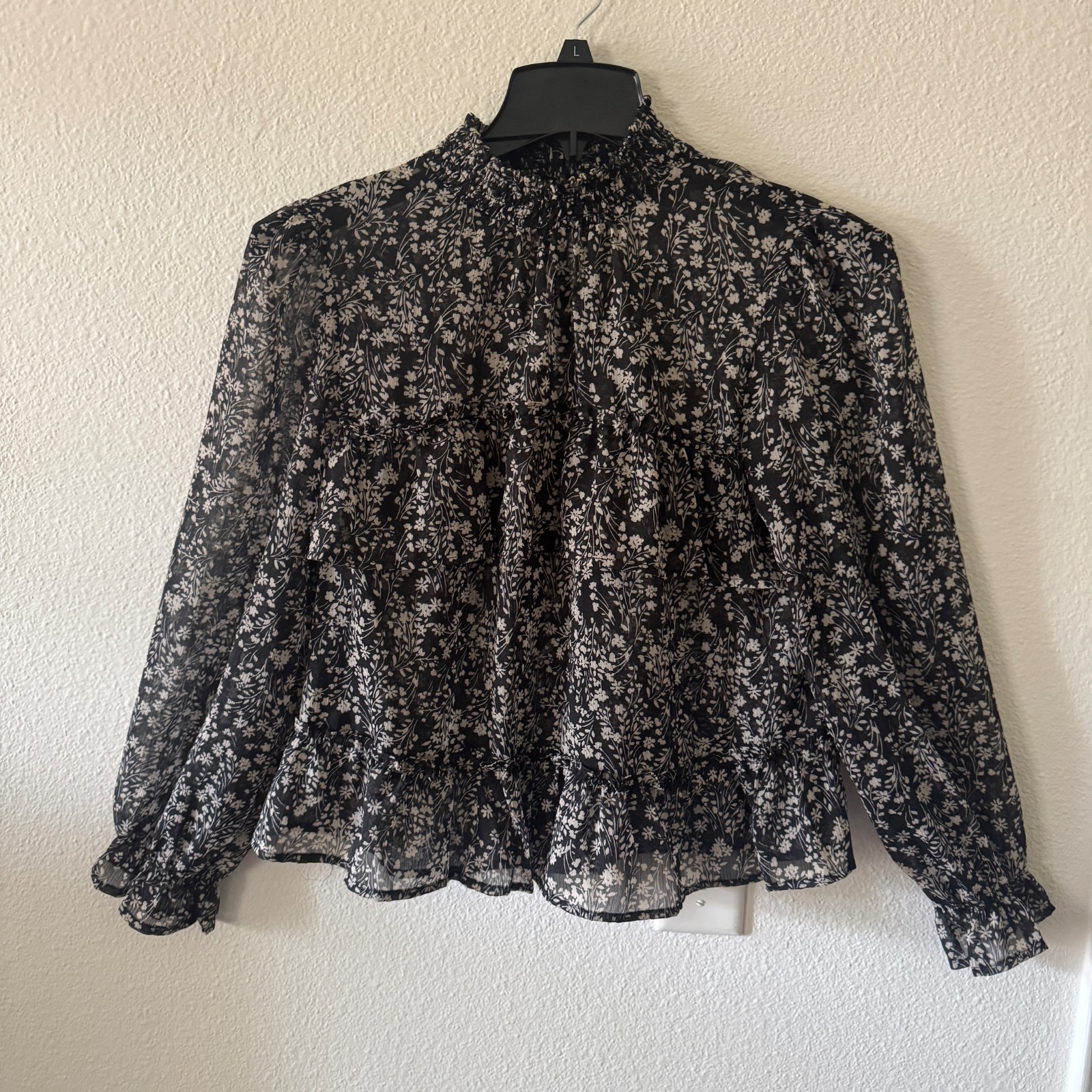 Floral Ruffle Smocked Neck Chiffon Top Black Floral Womens L Boho Fairy Cottage