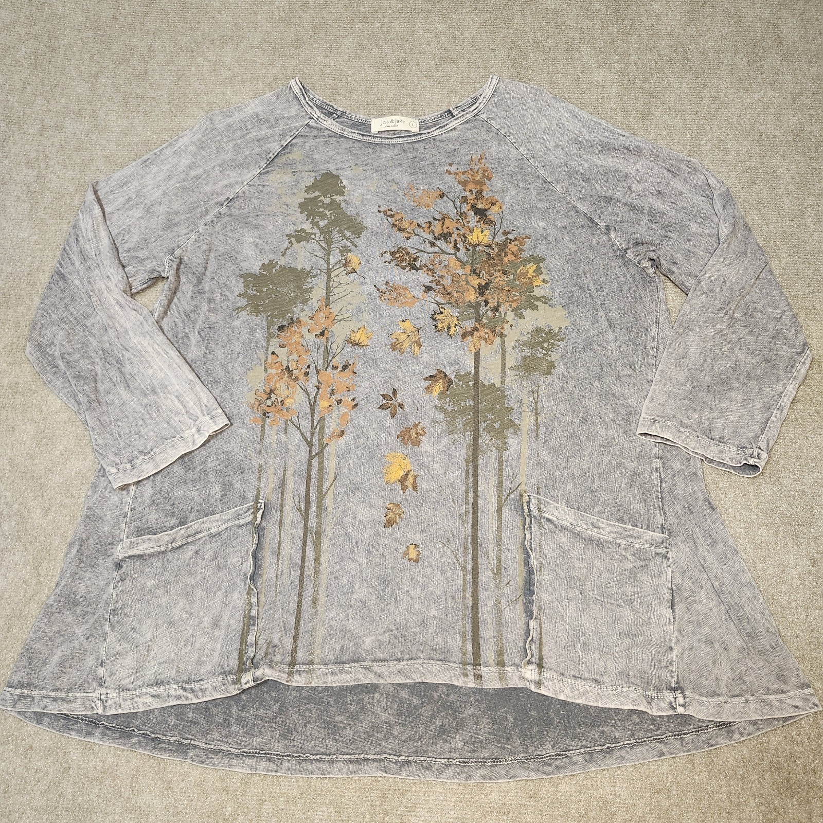 Jess & Jane Top Womens Large Grey Mineral Wash Fall Cotton Floral Tunic Boho