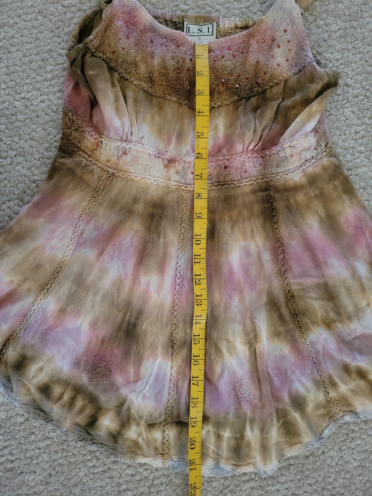 LSI Tie Dye Embroidered Beaded Cami Tunic Top India Boho Hippie Festival Top S