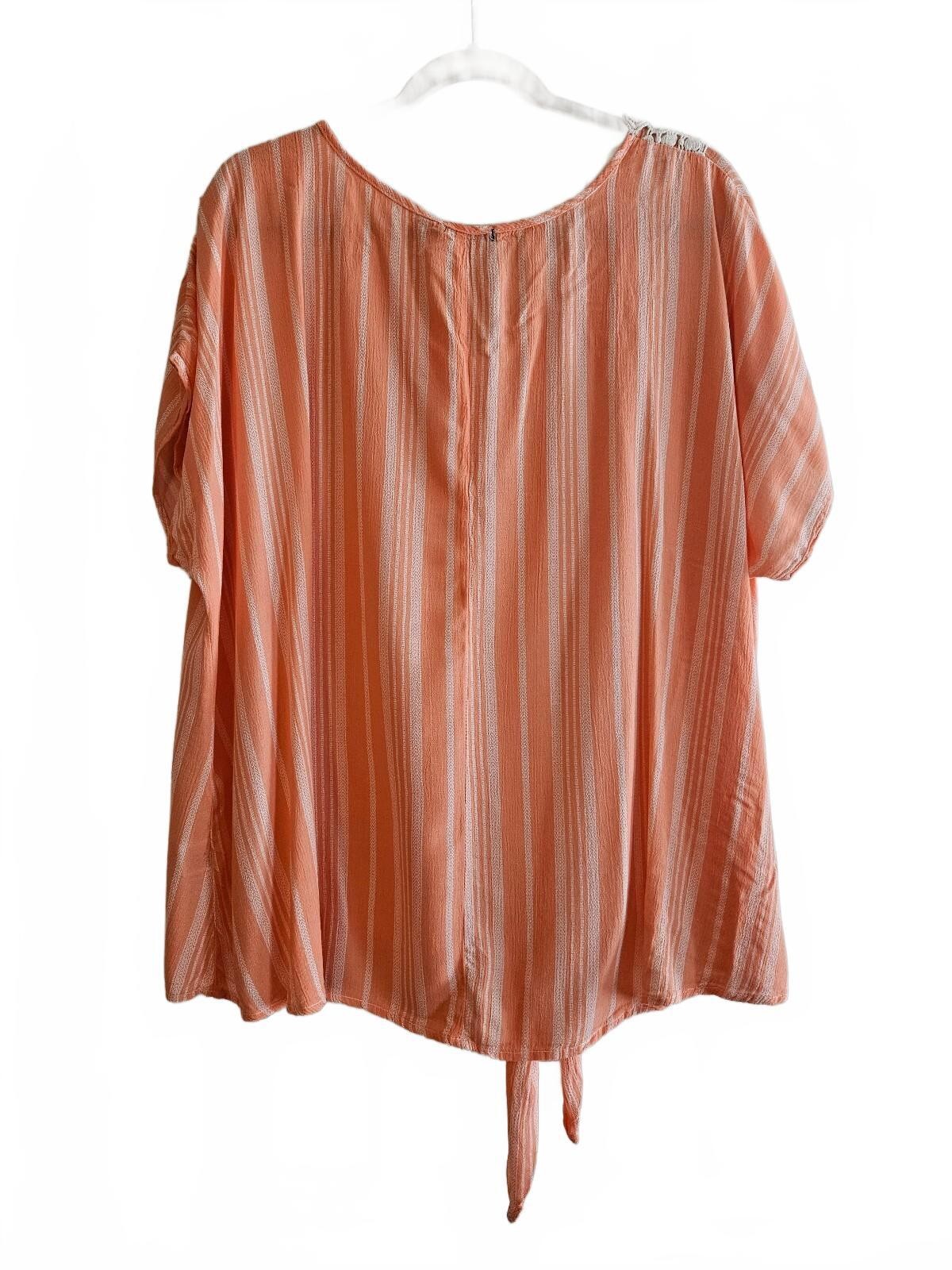 CURE. Peach Striped Boho Lace V-NeckTie Front Blouse Women’s Size 2X Cottagecore