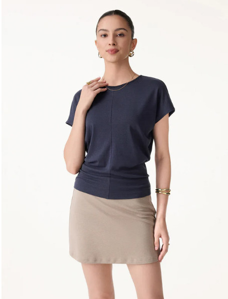 OGL Linen-Blend Round Neck Relaxed Summer Top – Smoky Navy / NEW