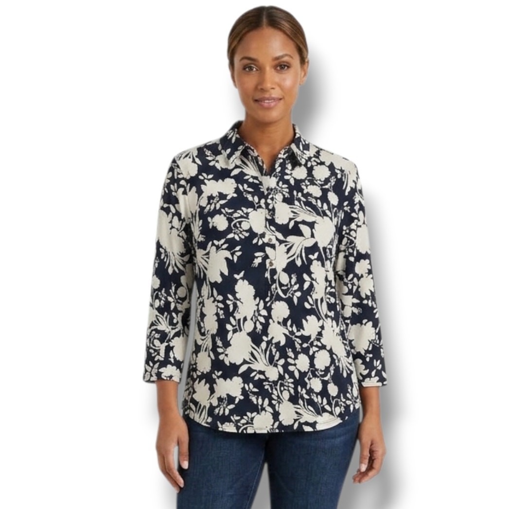 Charter Club Women’s Floral Print Blouse Midnight Blue White Button Front Top L