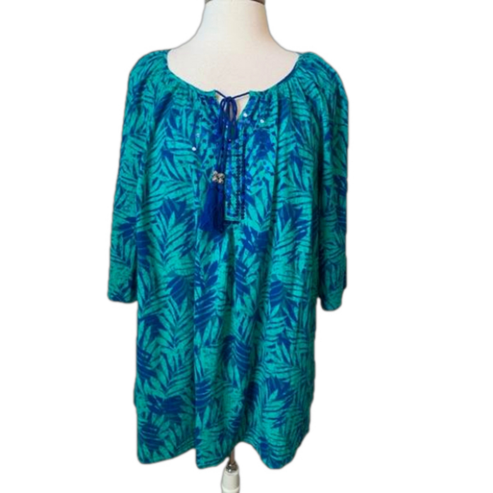 Catherines NWT Tropical Crinkle Tunic Peasant Blouse Women’s 1XP Hawaii Beach