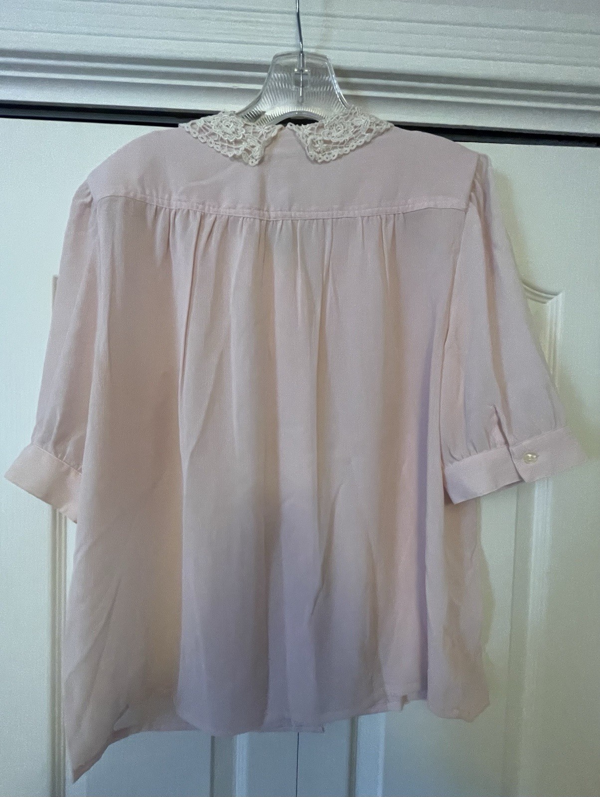 Pink Pastel Blouse Top Ivory Lace Collar 3/4 Sleeves Tucks Diversity Size 14
