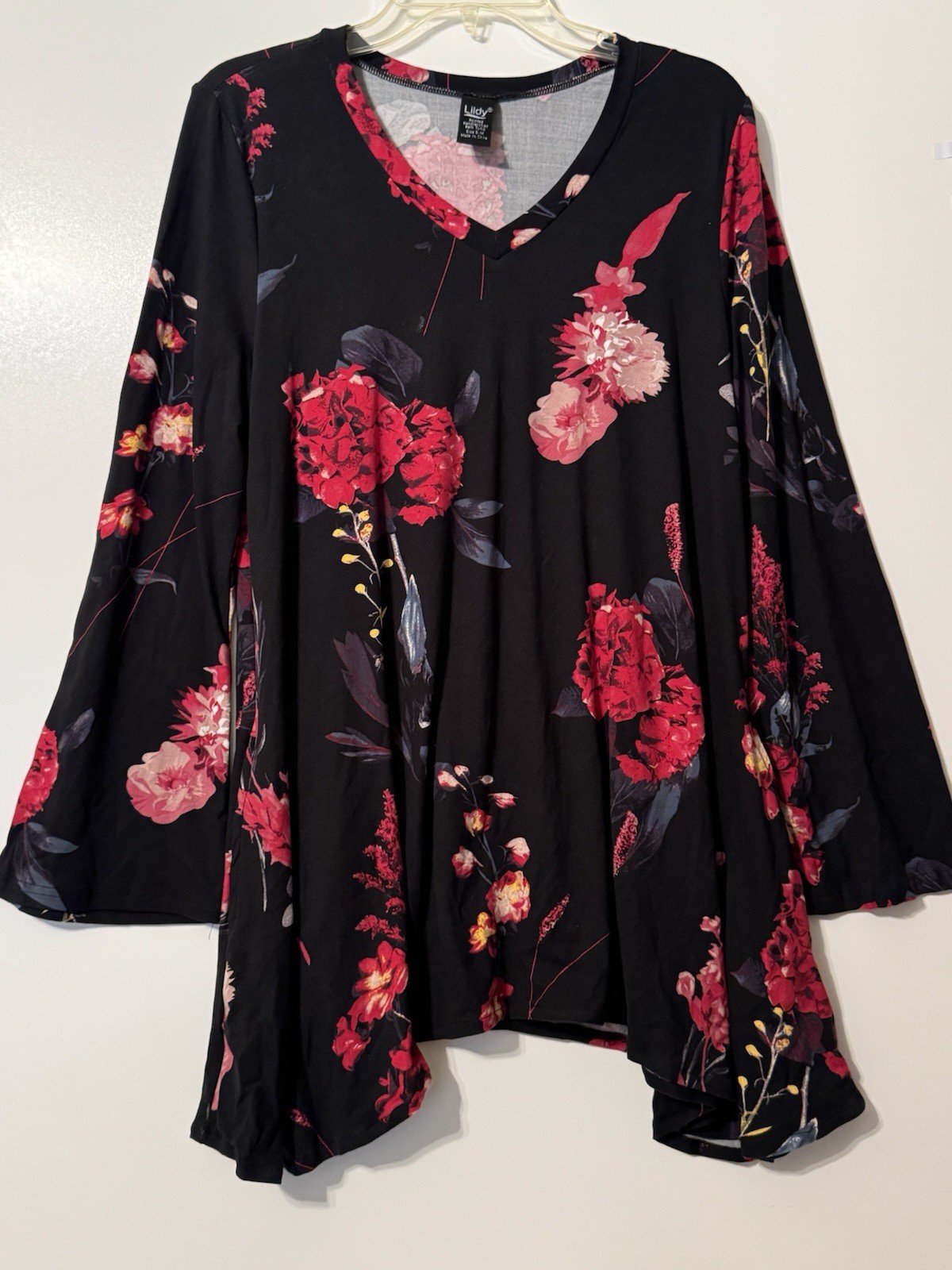 Lildy Printed Handkerchief Hem Tunic Floral Soft Stretch Pockets Womens size S/M