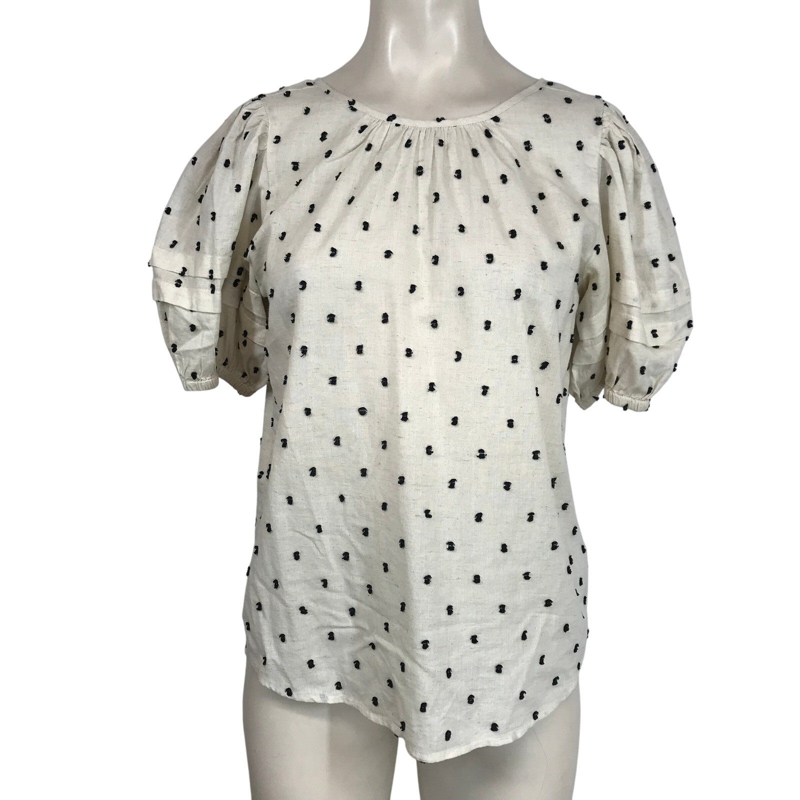 Madewell Cream Black Dot Puff Sleeve Tie Back Blouse Top Women’s XS
