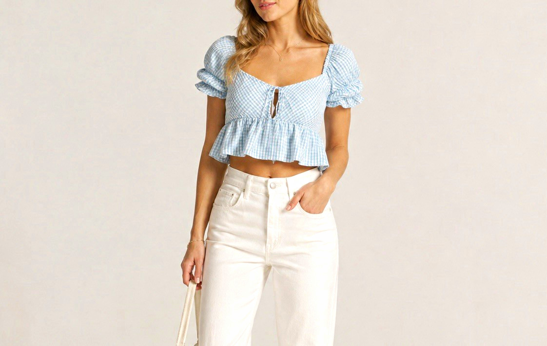 DEMDACO Blue/White Gingham Smocked Puff Sleeve Peplum Square Neck Blouse S
