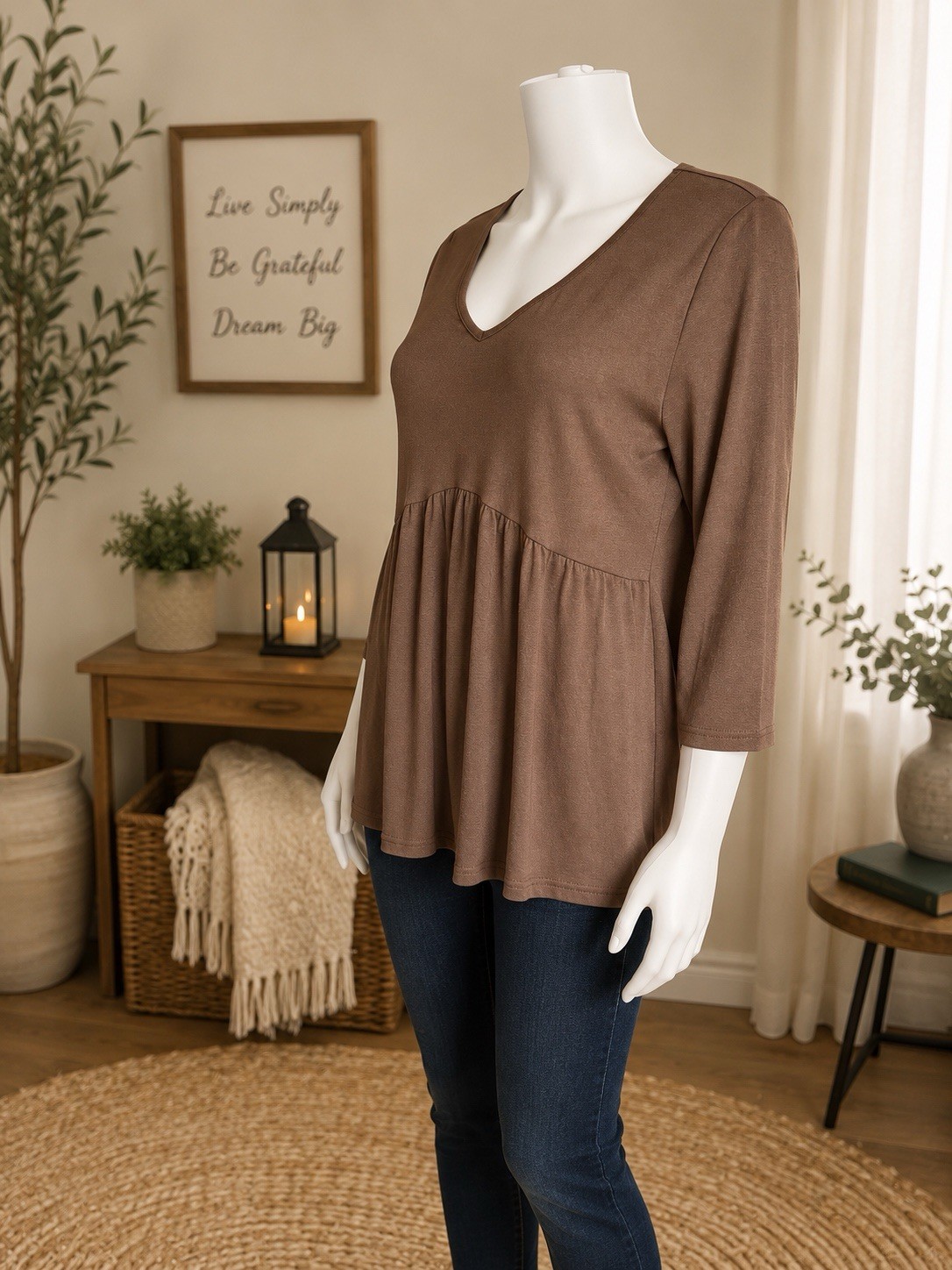 OFEEFAN Women’s Medium Light Chocolate Brown Babydoll Tunic Top 3/4 Sleeve Soft