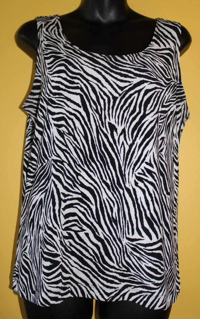 Chico’s Size 2 Black Zebra Animal Print Ribbed Microfiber Tank Top Lg 12/14