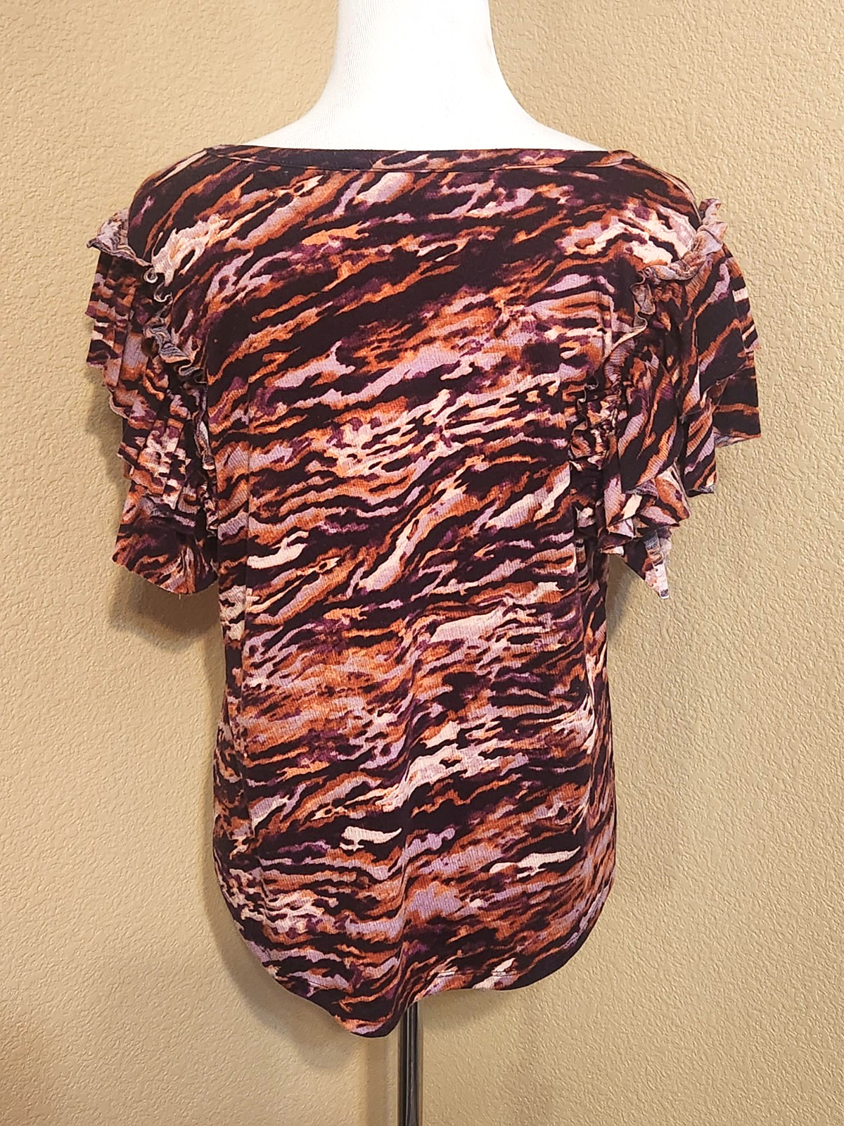 Stella + Ginger Anthropologie Animal Print BOHO Ruffled Sleeve Top XL