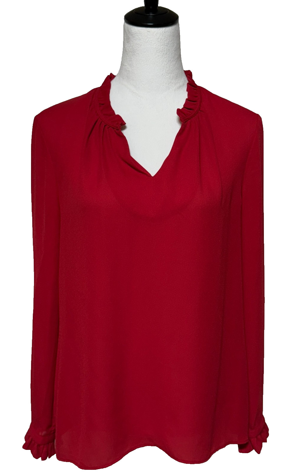Rose + Olive Top Womens Medium Red Ruffle Trim Split V Neck Christmas Holiday
