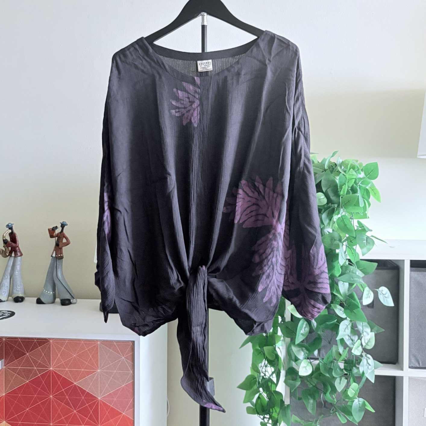Legends Black Purple Floral Scoop Neck 3/4 Sleeve Tie-Front Blouse S