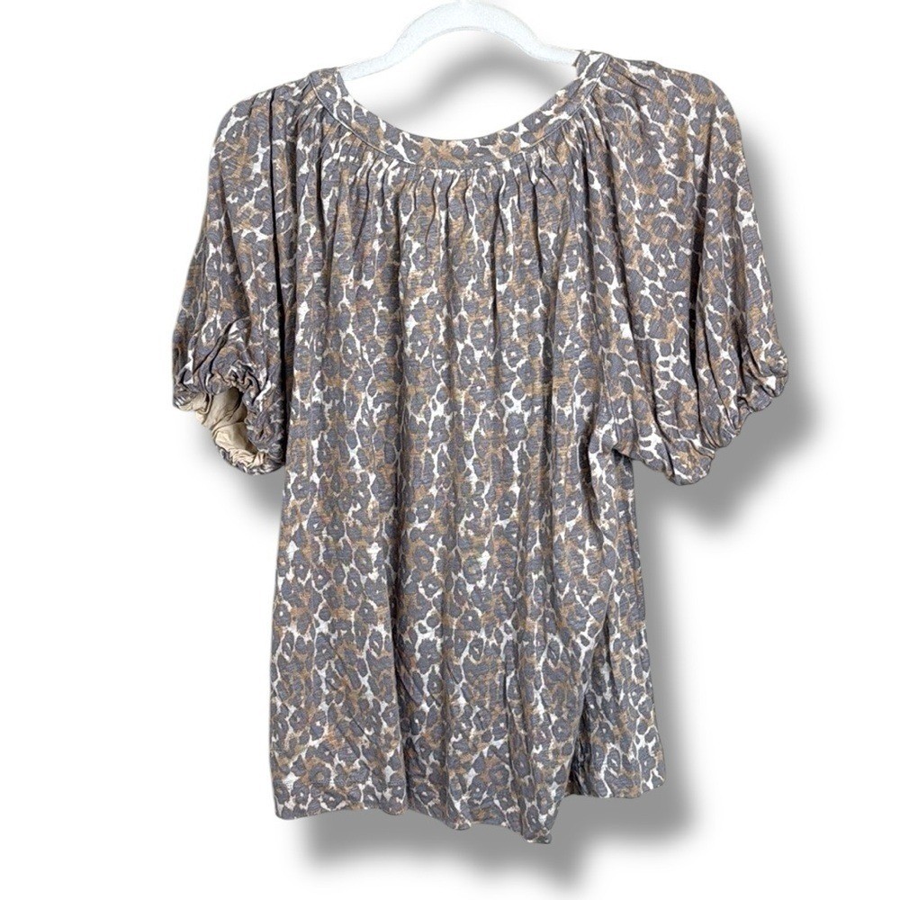 Maeve Linen Puff Sleeve Leopard Print Blouse Size Medium