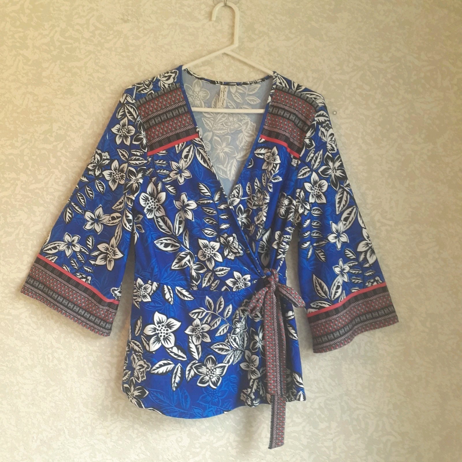 Womens Top Wrap Tie Waist Blue Floral V Neck Kimono 3/4 Bell Sleeve Sz XL