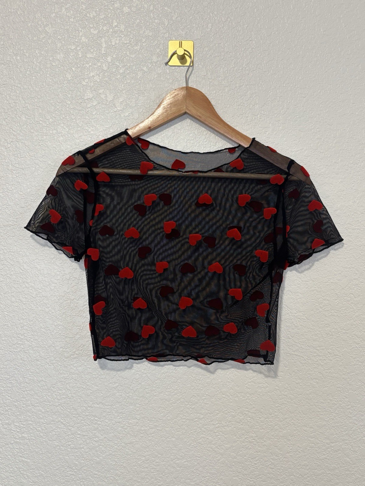 Black Sheer Mesh Heart Crop Top Red Velvet Flocked Hearts Short Sleeve Y2K XS S