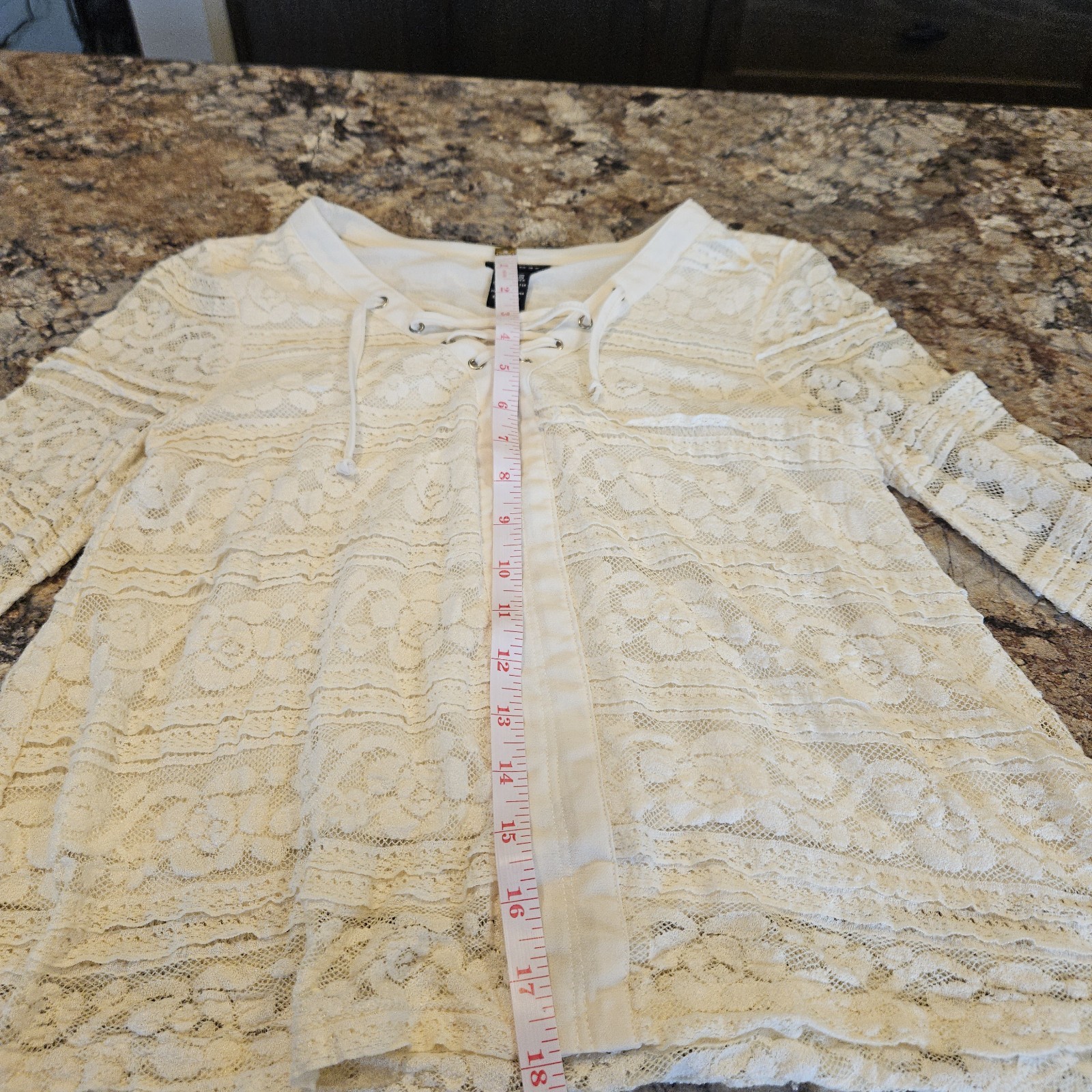Rue21 Small Ivory Floral Lace Bell Sleeve Lace Up Boho Top Stretch Long Sleeve