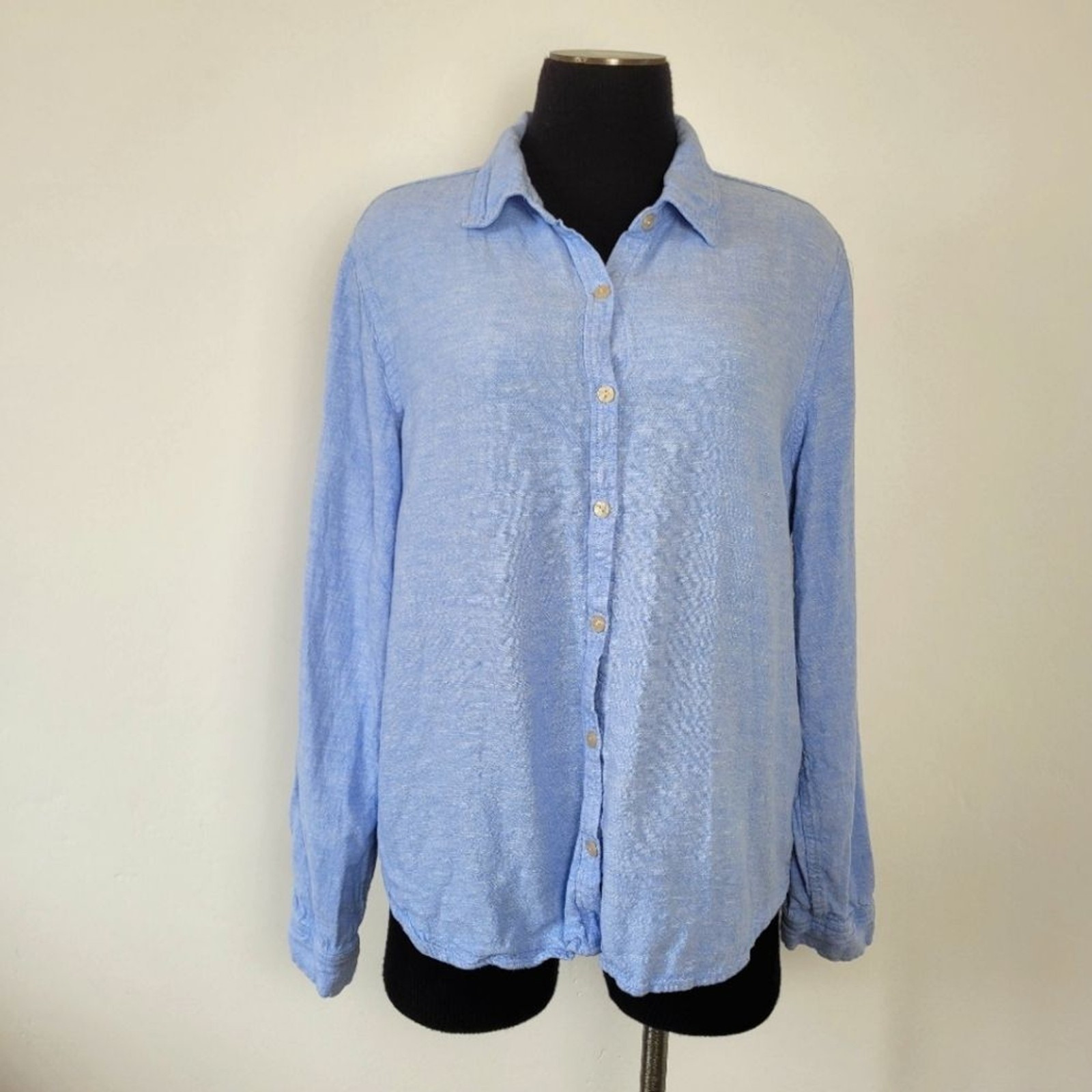 Orvis Linen Blend Button Up Blouse Top Cornflower Blue Summer Lightweight Large