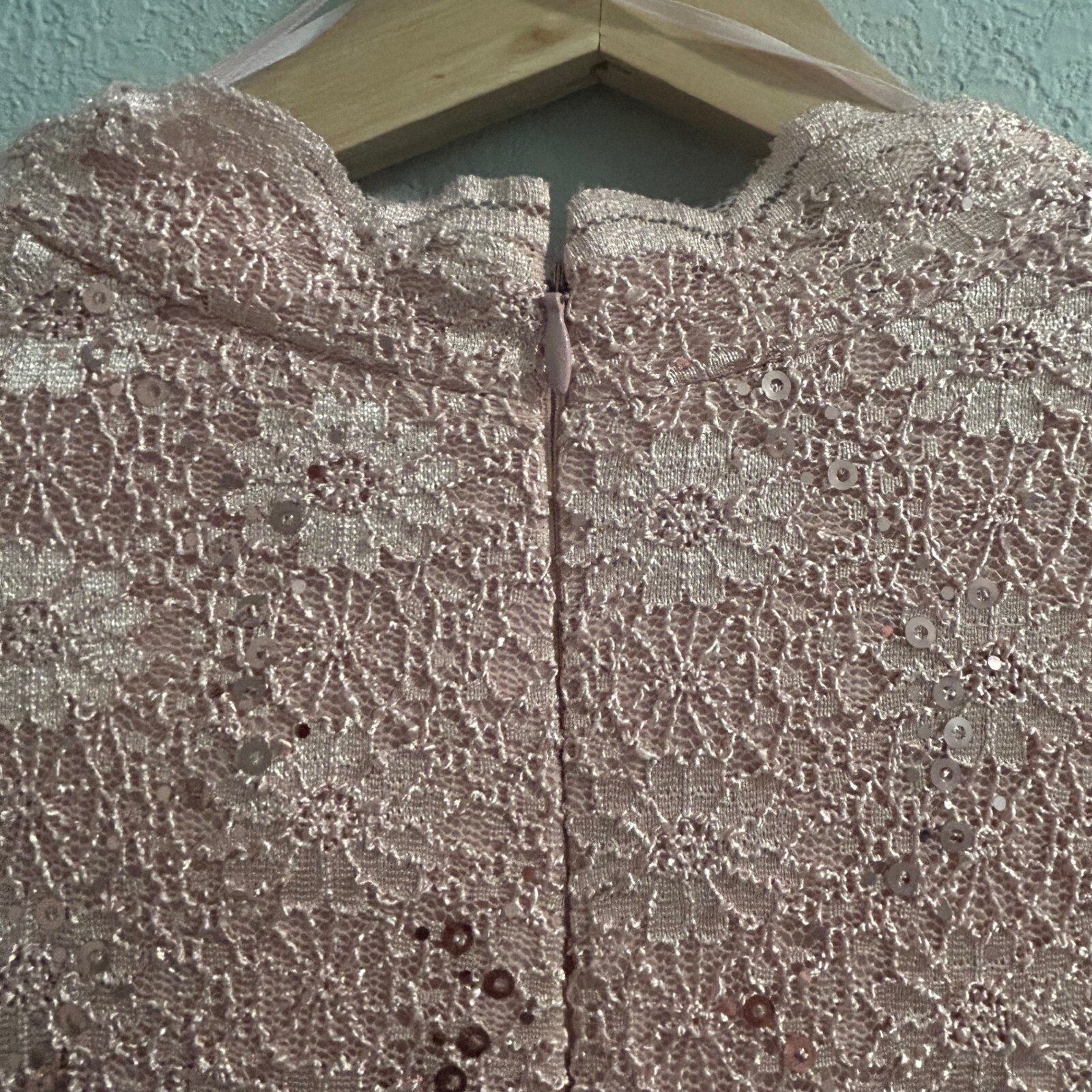 Jeanne Alexande Sequin Lace Top Wrap Style Party Blouse Blush Pink L